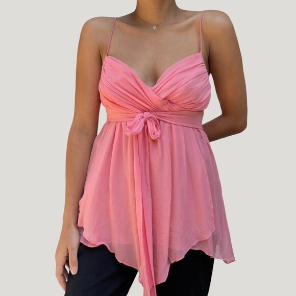 BCBGMAXAZRIA Pink Fairycore Flowy Cami Top with Bow - Picture 2 of 4